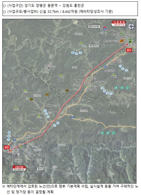 용문~홍천 광역철도 사업개요 및 위치도